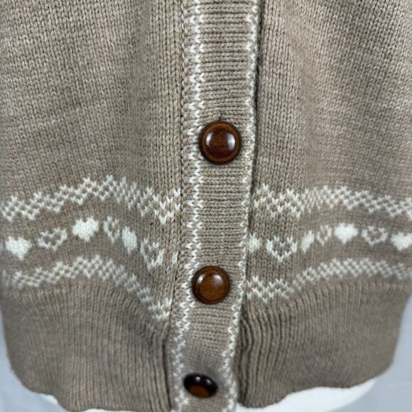 Handmade Womens Wool Tan White Cardigan Sweater Est Size M/L Fair Isle Cabincore - Picture 8 of 9